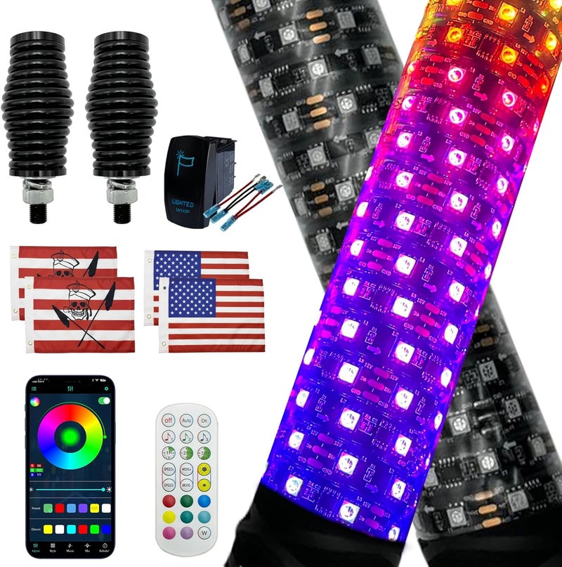 cezelux 2 Pack Fat Whip Lights, 2ft LED Whip Lights with App & Remote Control, Spring Base, Spiral RGB Chasing Lighted Antenna Whips for Side by Side Music Whip Light for ATV Can-Am SXS Truck Polaris - Image 1
